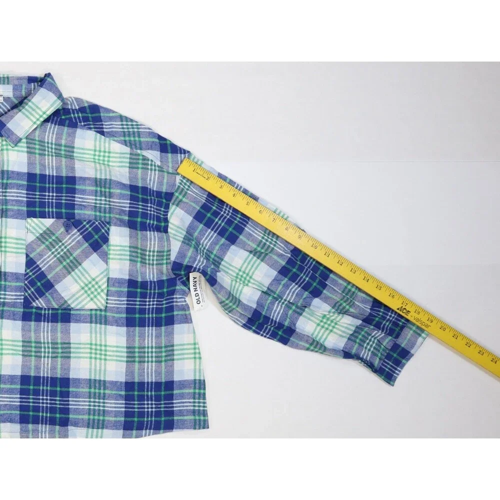 Old Navy Flannel Pajama Shirt Youth XL Blue Green Plaid Lounge Sleep Top